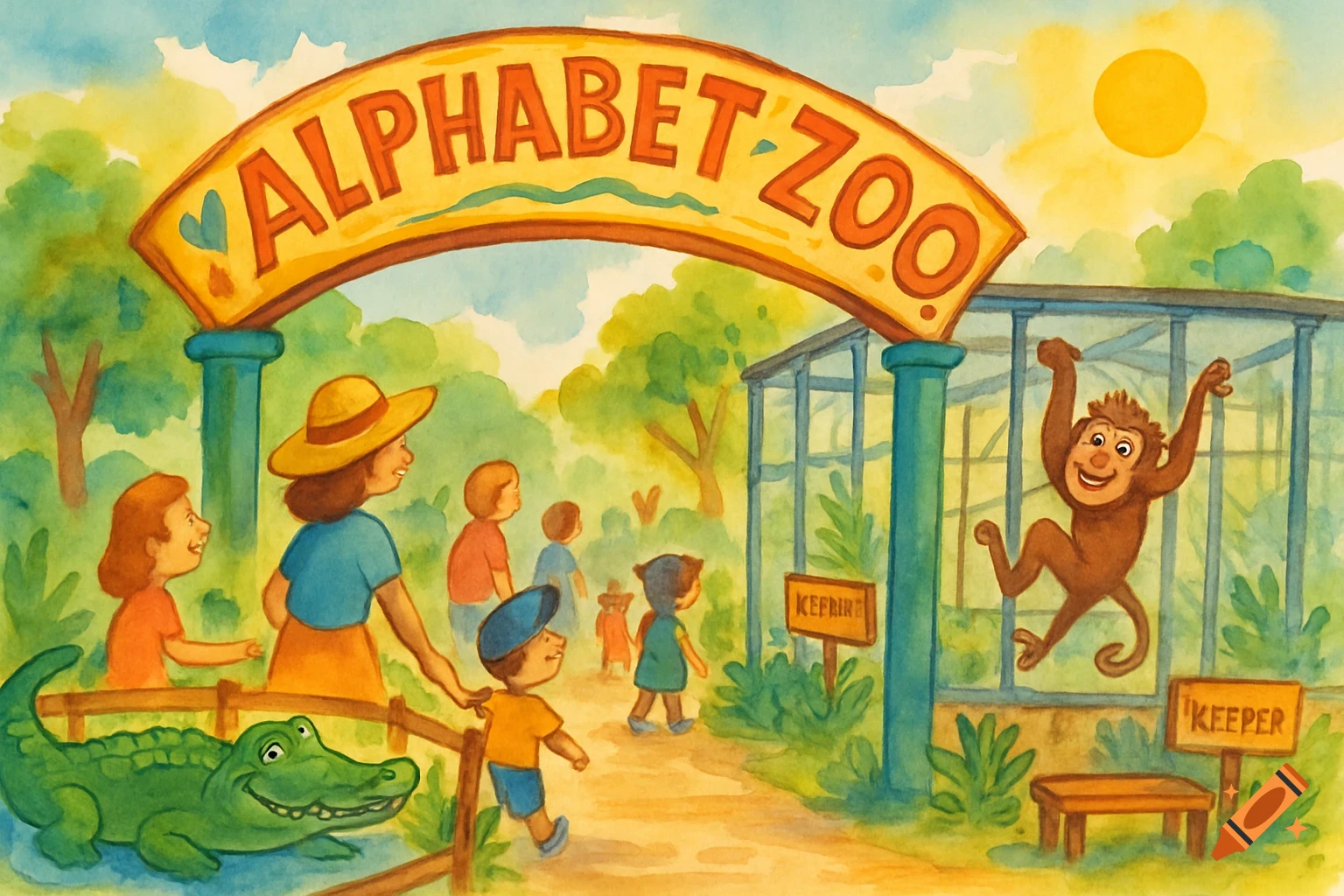 A cheerful watercolor illustration of an Alphabet Zoo entrance with children and parents, an alligator, and a monkey.