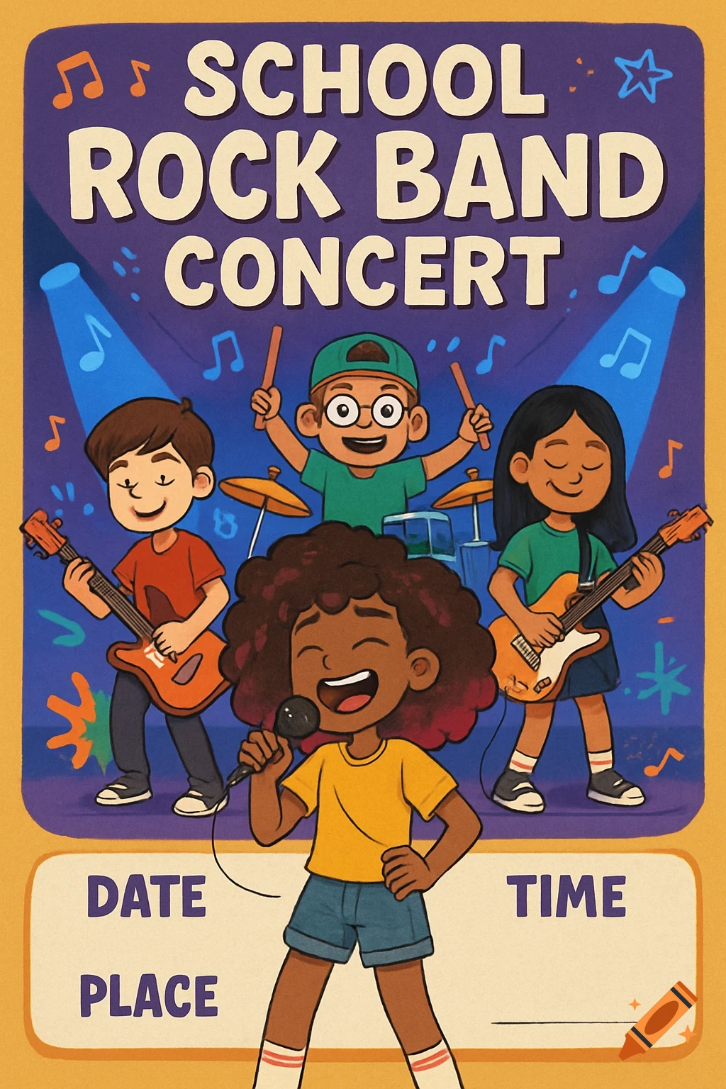 Cartoon poster for a school rock band concert featuring four diverse children playing instruments on stage.