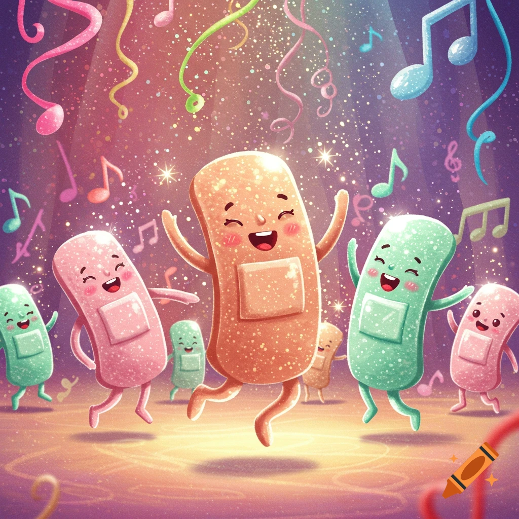 Vibrant cartoon sparkling band-aids with faces dancing happily amidst musical notes and glitter.