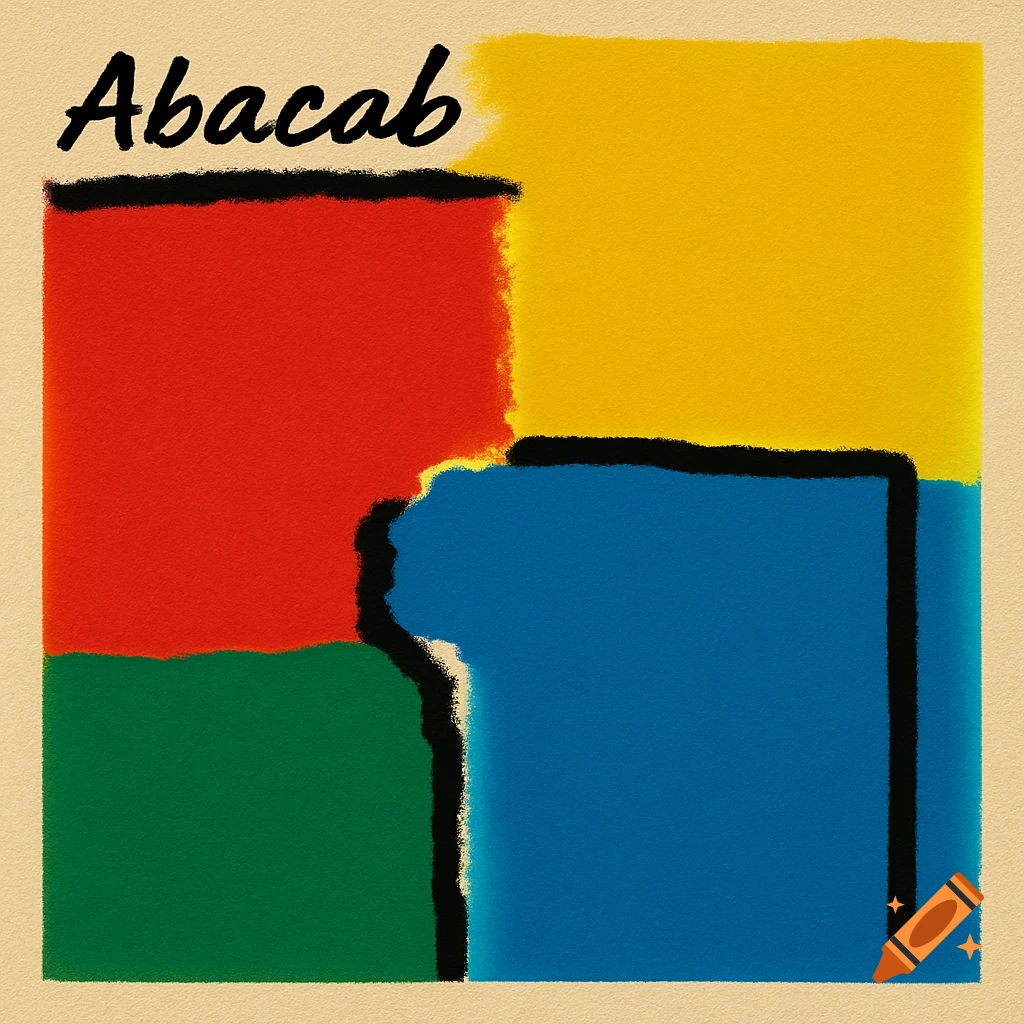 Abstract textured art with red, yellow, blue, and green blocks, black lines, and 'Abacab' text on a cream background.