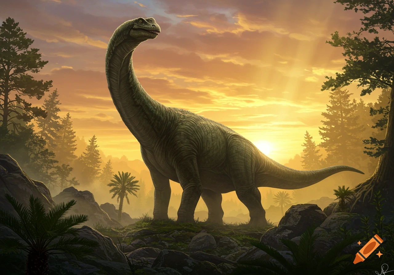 A large, long-necked dinosaur stands in a prehistoric landscape at sunset, surrounded by lush foliage and rocks.