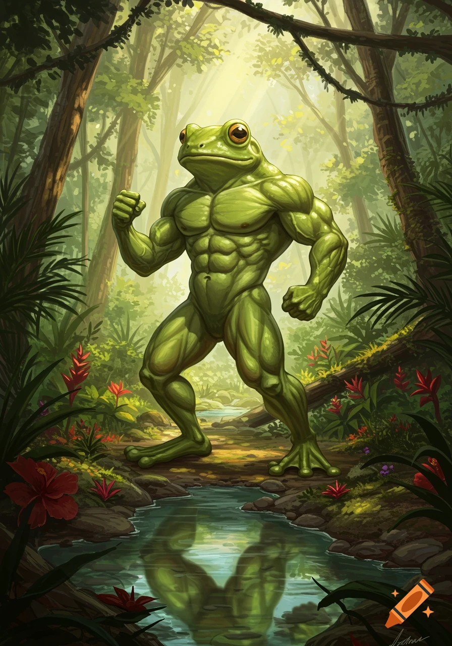 A muscular green frog stands flexing its biceps in a lush jungle with a small stream in front of it.