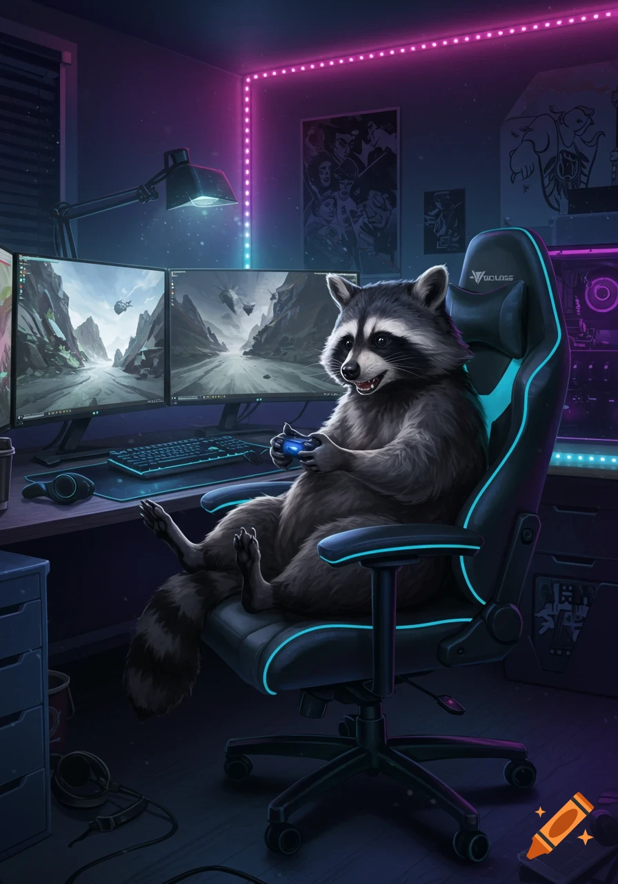 A raccoon sits in a glowing gaming chair at a desk with dual monitors, playing a video game in a neon-lit room.
