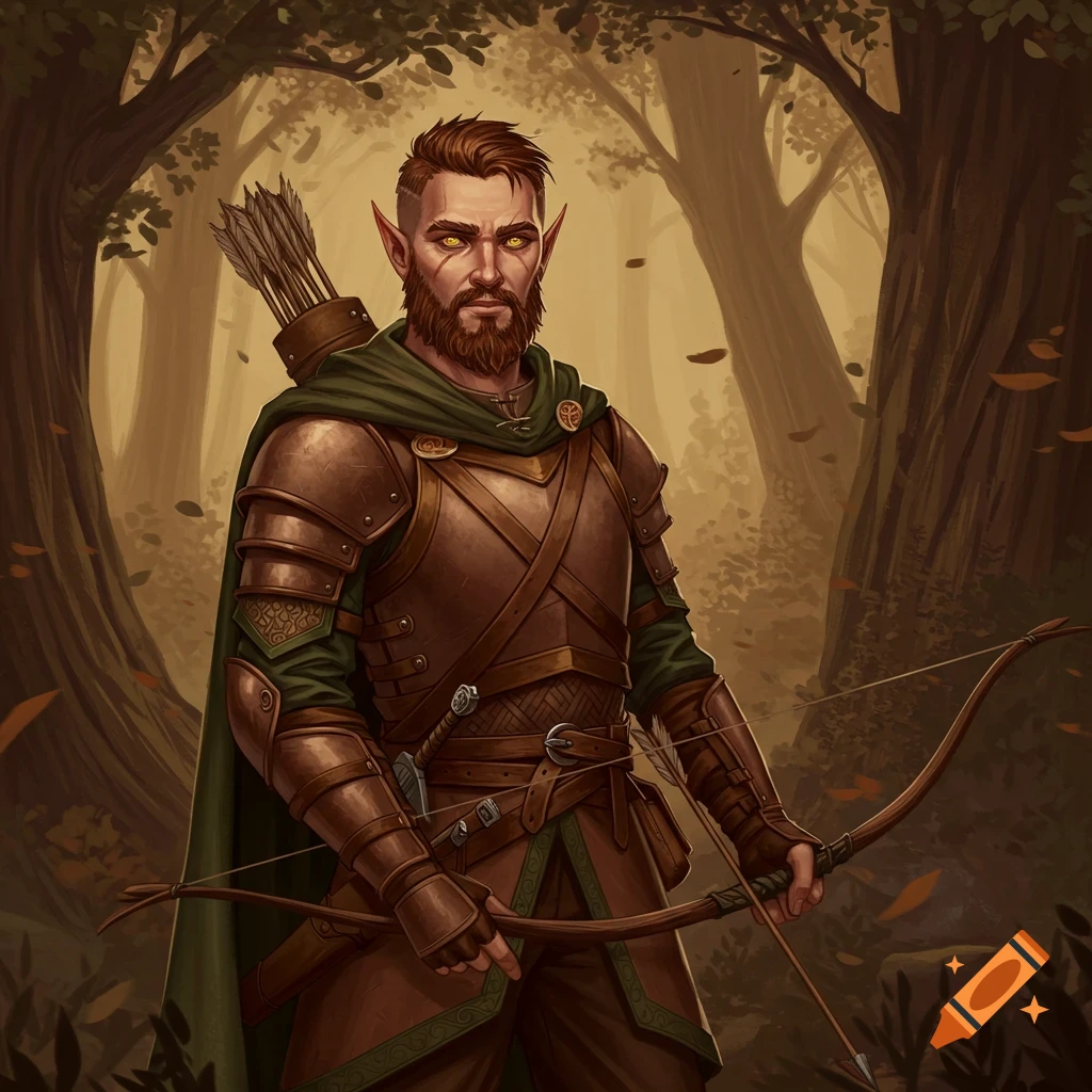 A male elf ranger with a beard and golden eyes stands in a forest, holding a bow. Digital fantasy art.