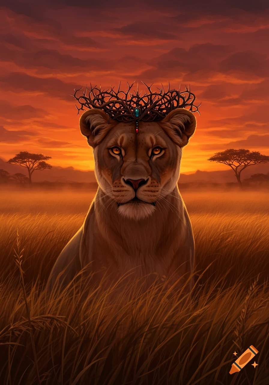 A regal lioness with a crown of thorns looks forward in a golden savanna at sunset, detailed digital art.