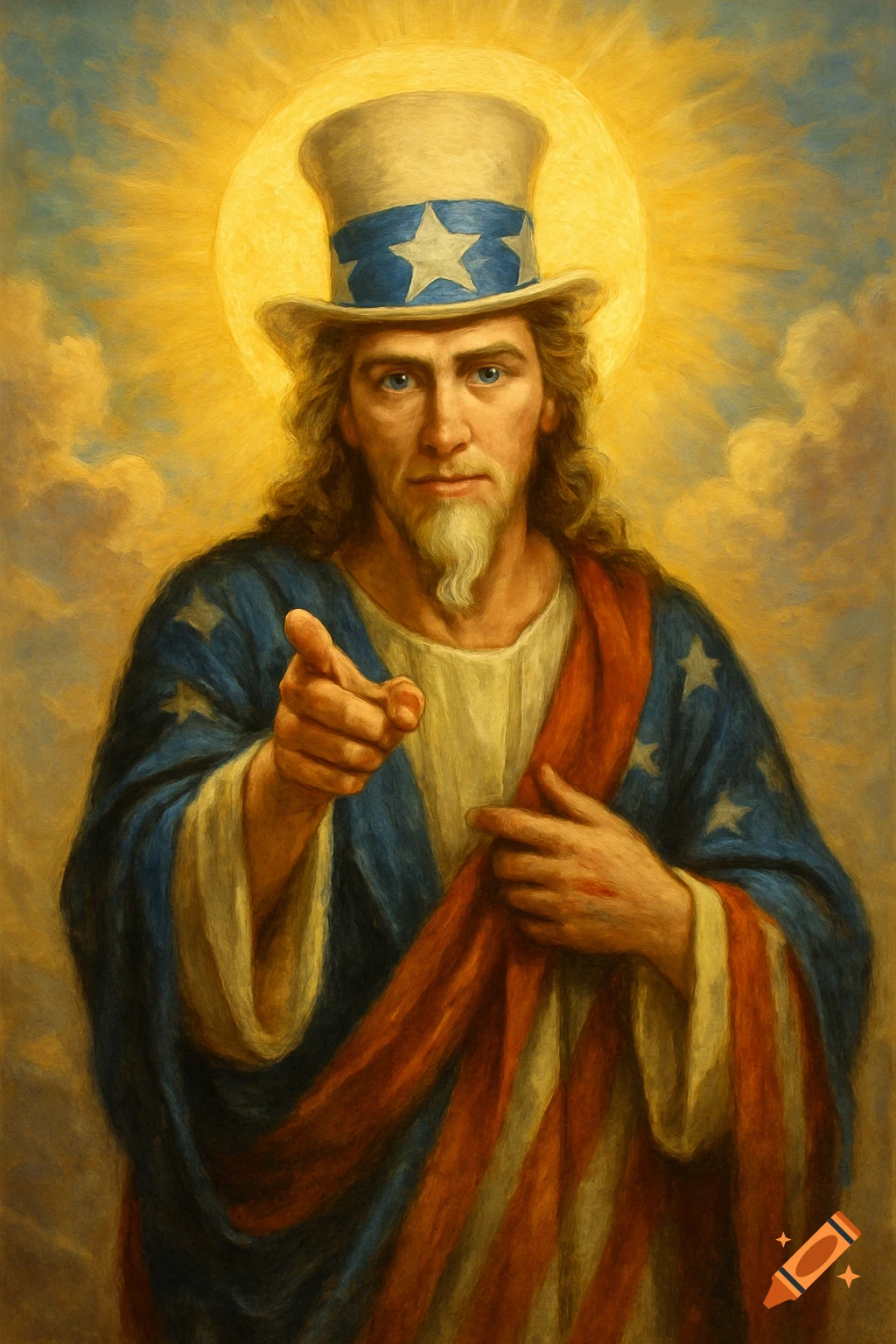 An oil painting of a figure resembling Uncle Sam and Jesus, with a halo, pointing forward, wearing a starry hat and patriotic robes.