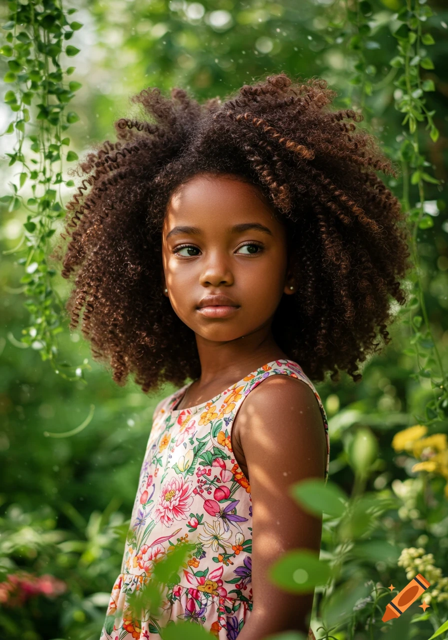 A close-up portrait of a young girl with curly dark hair wearing a floral dress, looking away, in a lush green garden.