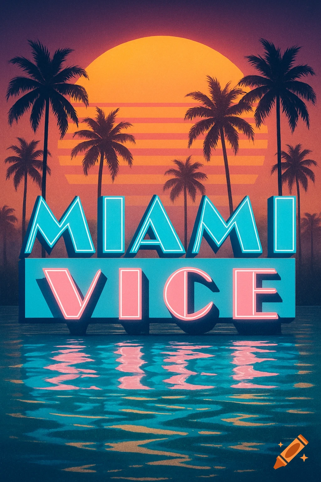 A retro-style image with neon-outlined text 'MIAMI VICE' in front of a sunset with palm trees and water reflections.
