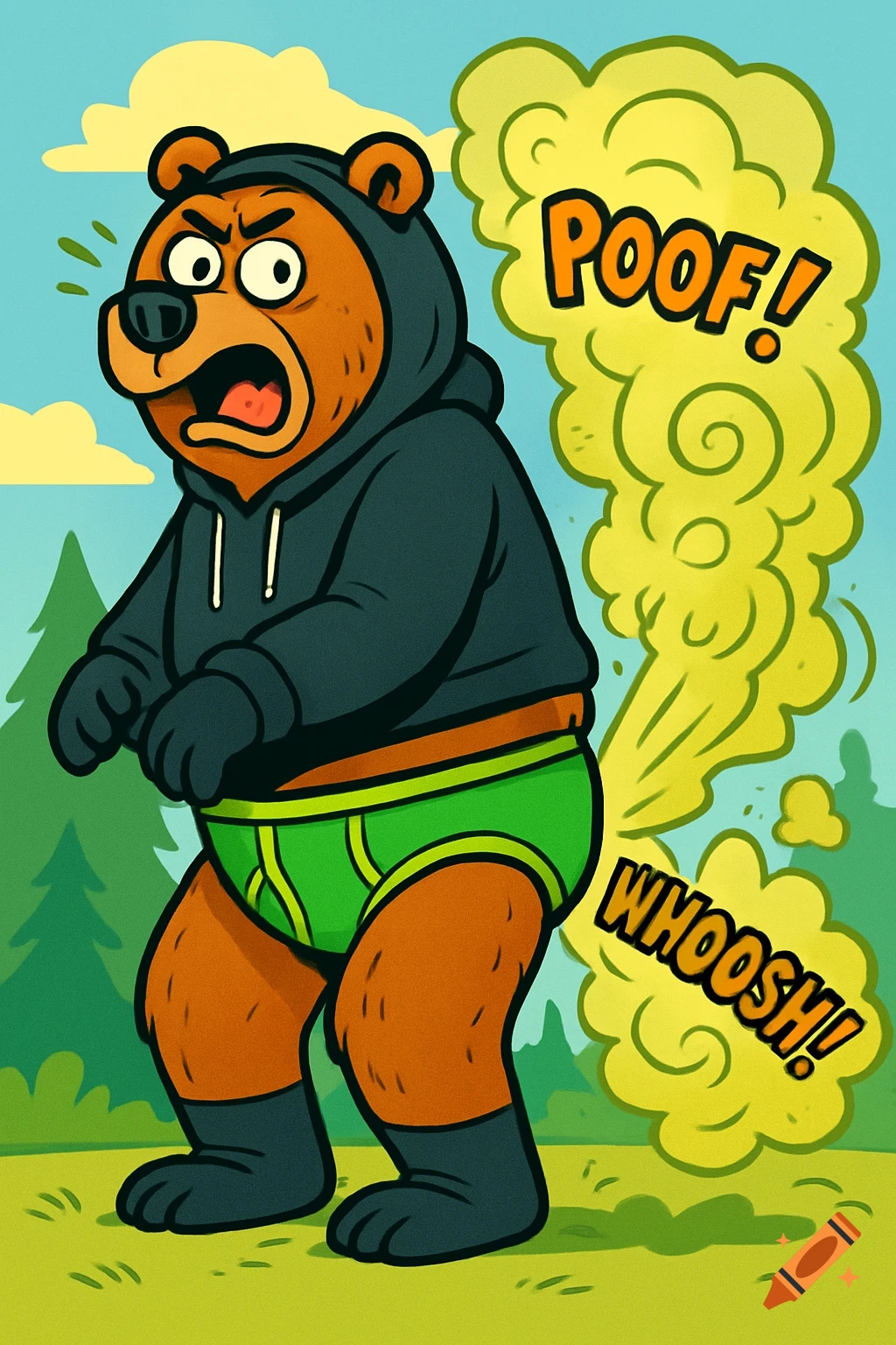 A cartoon bear wearing a hoodie and briefs farting with 'POOF!' and 'WHOOSH!' text.