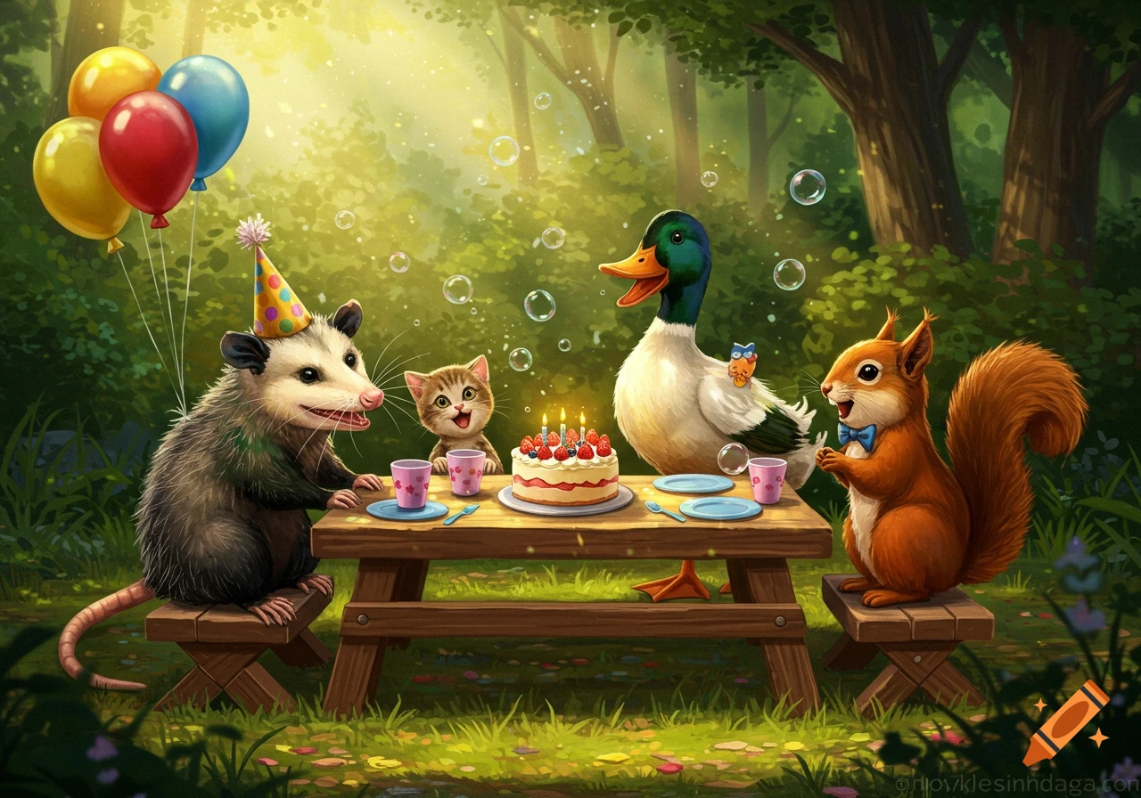 An opossum in a party hat, a kitten, a duck, and a squirrel celebrating a birthday with cake in a vibrant forest.