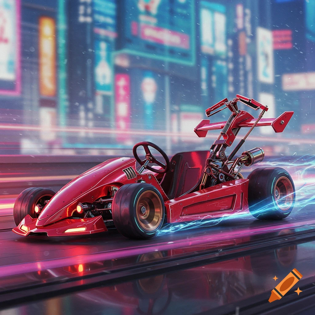 A red metallic robotic go-kart with a slingshot mechanism on the back races through a neon-lit futuristic city at night.