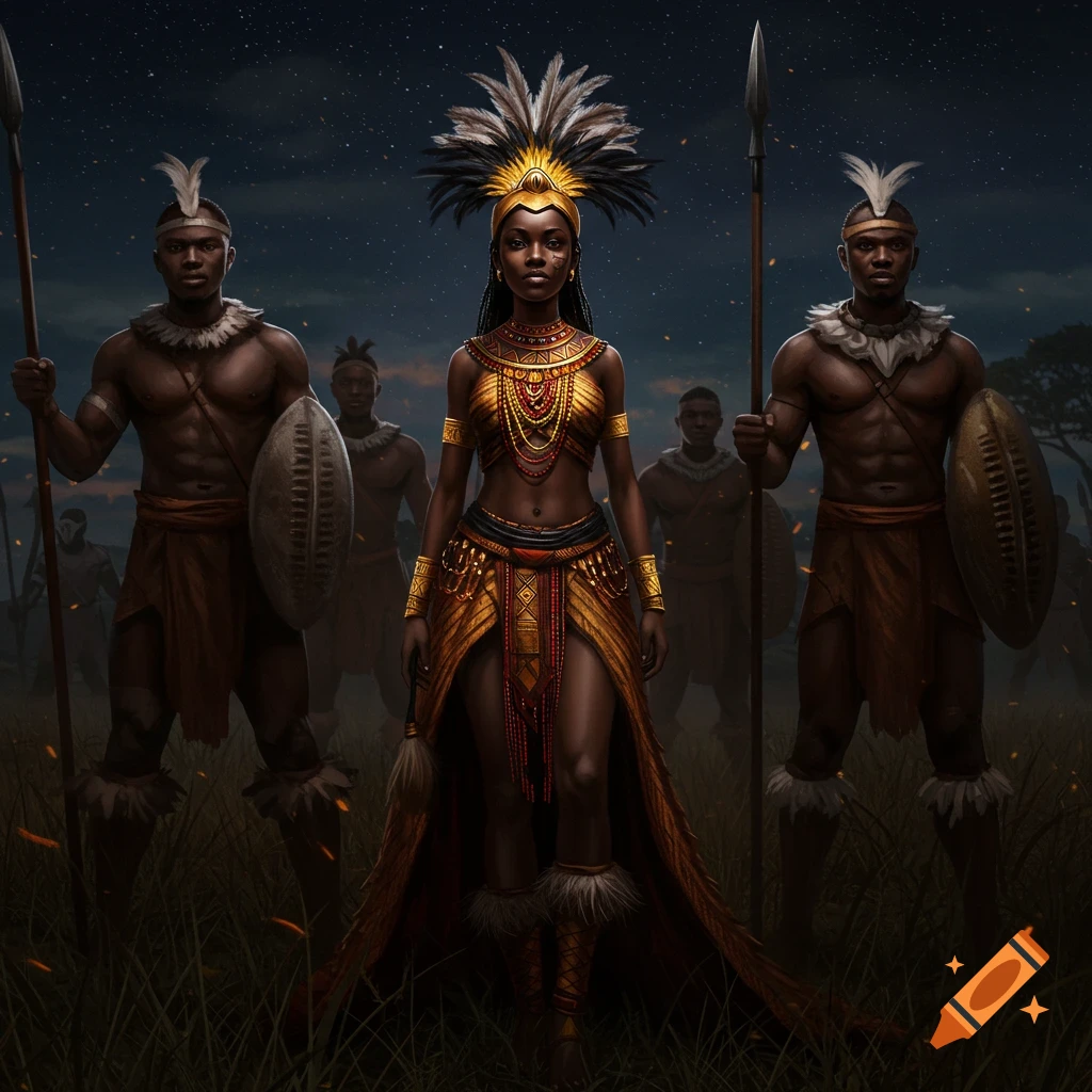 A regal African queen in a feathered headdress and gold jewelry stands flanked by two Zulu warriors with spears and shields in a low-light field.