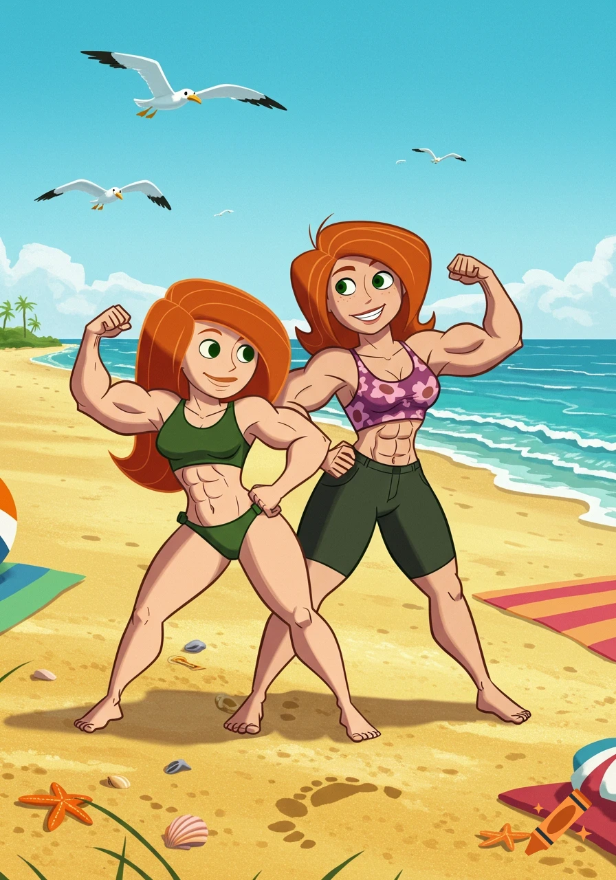 Cartoon of two muscular women, resembling Kim Possible characters, flexing on a sunny beach with seagulls overhead.
