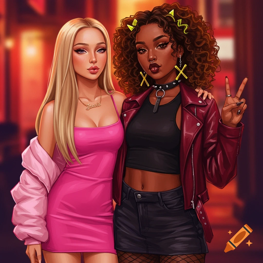 Two stylized women, one blonde in a pink dress and jacket, the other with curly brown hair in a black top, red leather jacket, and black shorts, standing together.