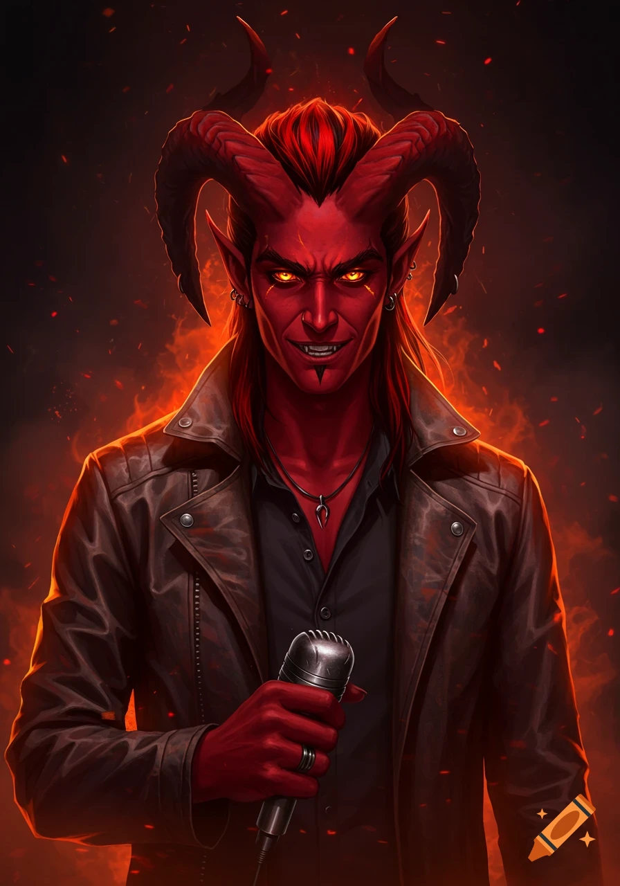 A vibrant digital art portrait of a red-skinned tiefling rock star with horns and glowing eyes, wearing a leather jacket and holding a microphone, against a fiery, smoky background.