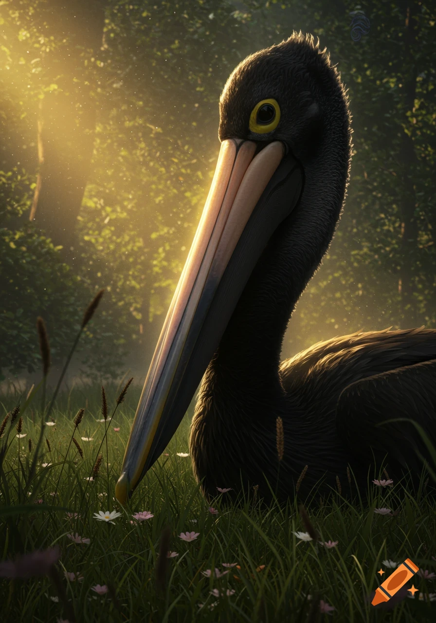 A photorealistic close-up of a giant black pelican with yellow eyes and a long beak, sitting in a grassy field with wildflowers and sun rays filtering through a forest background.