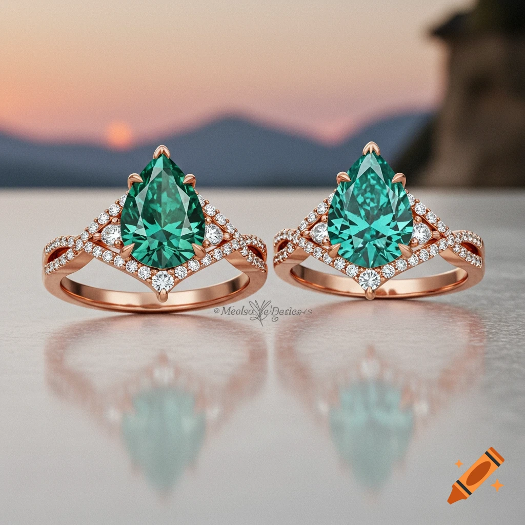 Two rose gold engagement rings with pear-shaped greenish-blue gemstones and diamond accents, against a blurred sunset background.