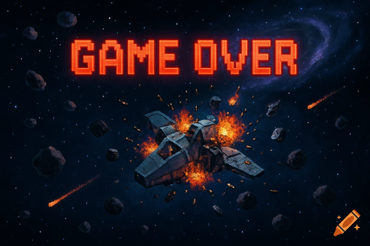 An exploding spaceship in an asteroid field with pixelated red 'GAME OVER' text above it, set in deep space.