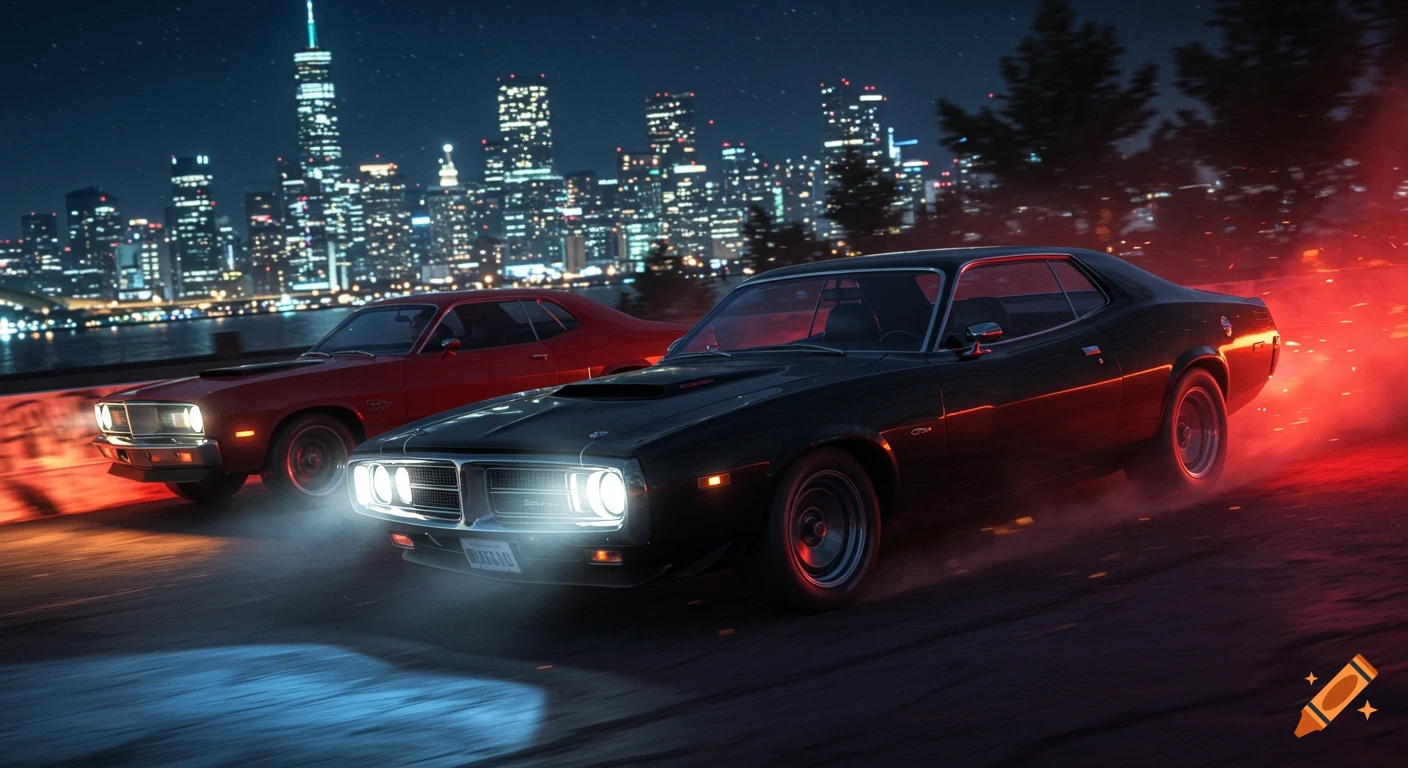 A black 1971 Dodge Charger and a red 1974 Dodge Demon racing at night on a street with a city skyline.