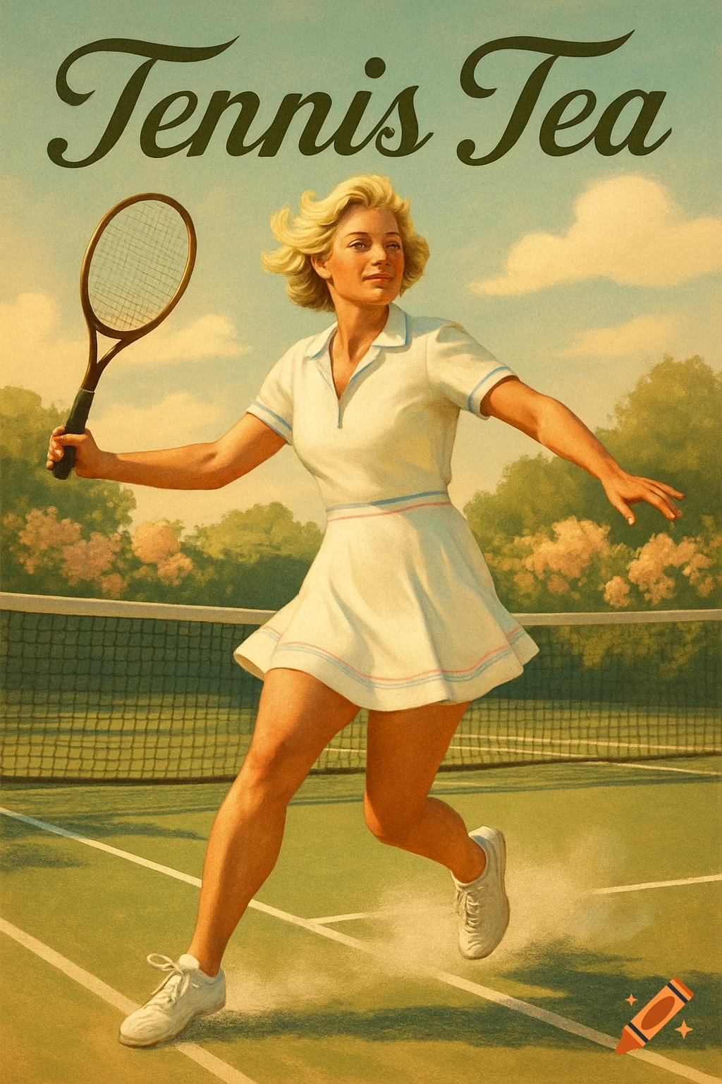 A vintage-style poster depicting a blonde woman in a white tennis dress on a court, holding a racket, with 'Tennis Tea' at the top.