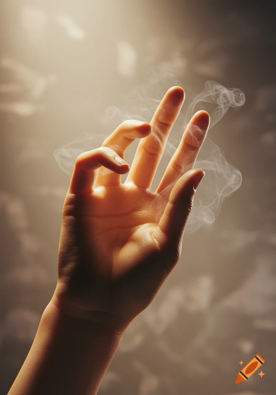 Close-up of a hand with fingers touching, bathed in light, with wisps of smoke rising.