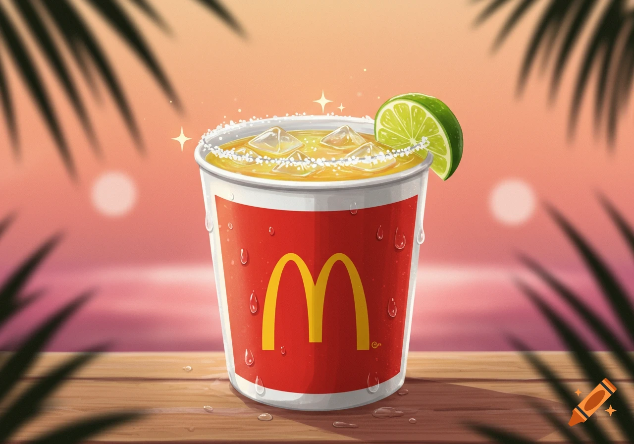 Illustration of a margarita in a McDonald's cup, with ice, lime, and salt, on a wooden table against a sunset beach and palm leaves.