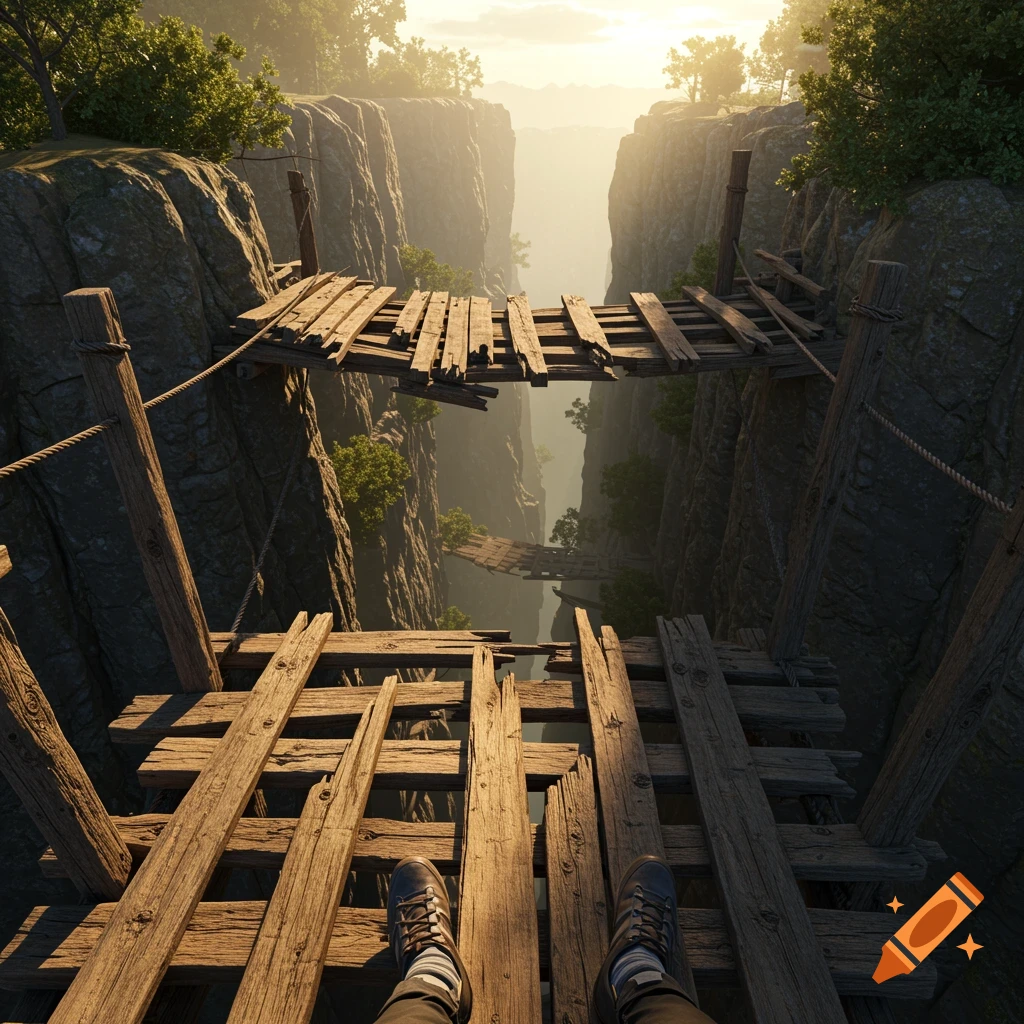 Photorealistic view from a broken wooden bridge over a deep canyon, looking down at a person's feet.