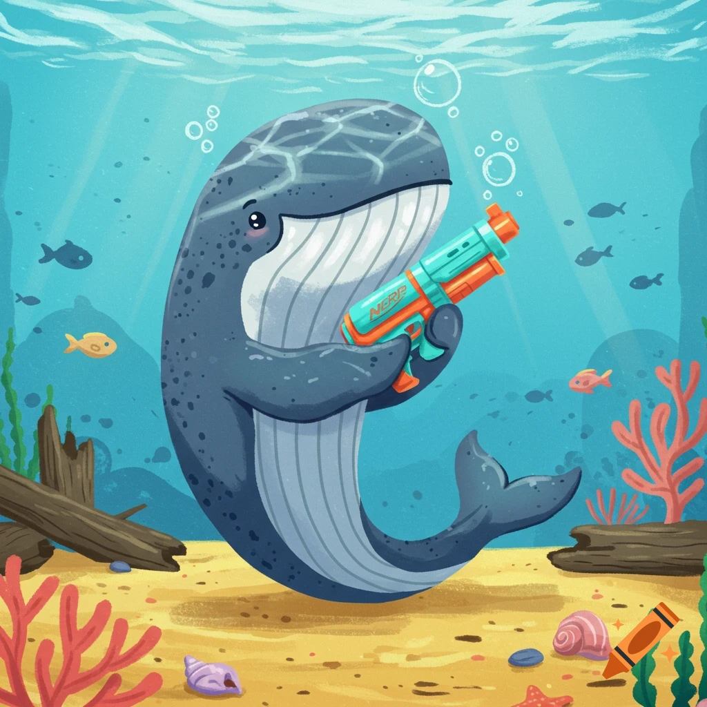 Cute 2D illustration of an anthropomorphic humpback whale holding a teal and orange toy water gun underwater with fish and coral.