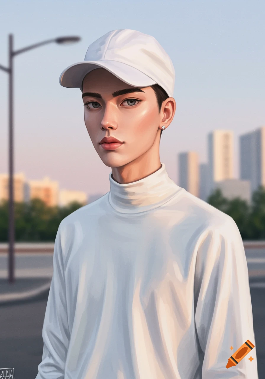 Digital illustration of an androgynous person wearing a white turtleneck and a white baseball cap, looking forward, with a city background.