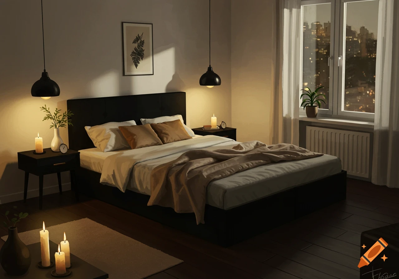 A dimly lit apartment bedroom features a black king-size bed, matching bedside tables with lit candles, and a large window overlooking a city skyline at night.