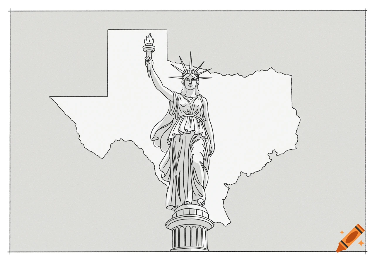 A simple black and white line art illustration of the Statue of Liberty figure standing centered over a white outline of the state of Texas.