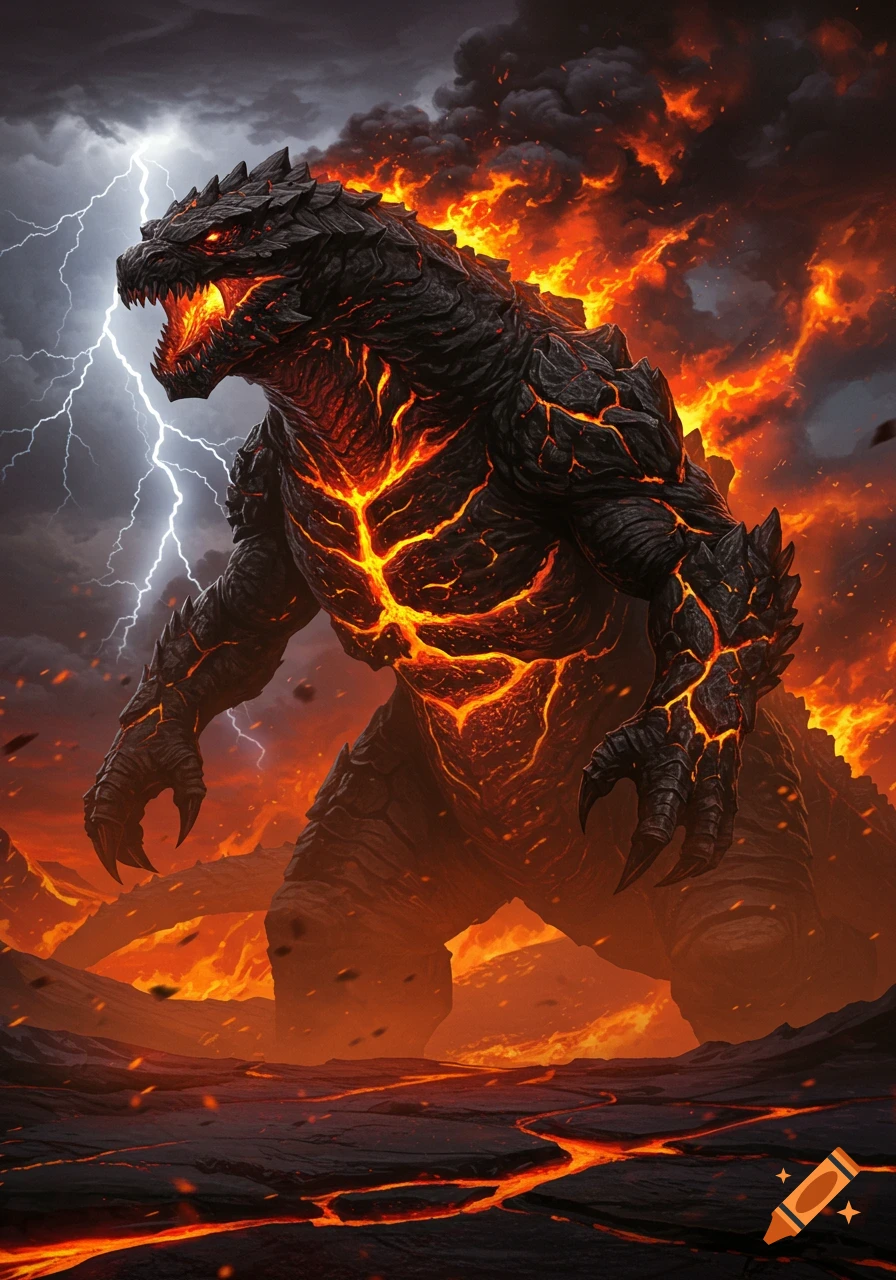 A colossal black monster with glowing lava cracks on its body roars in a volcanic landscape under a stormy sky with lightning.