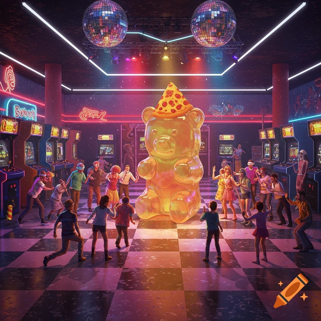 A giant translucent gummy bear with a slice of pizza on its head stands in the center of a neon-lit arcade filled with people dancing and playing games.