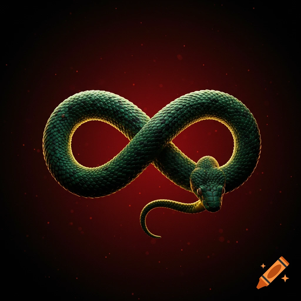 A vibrant green snake coiled into an infinity symbol against a dark red, speckled background.