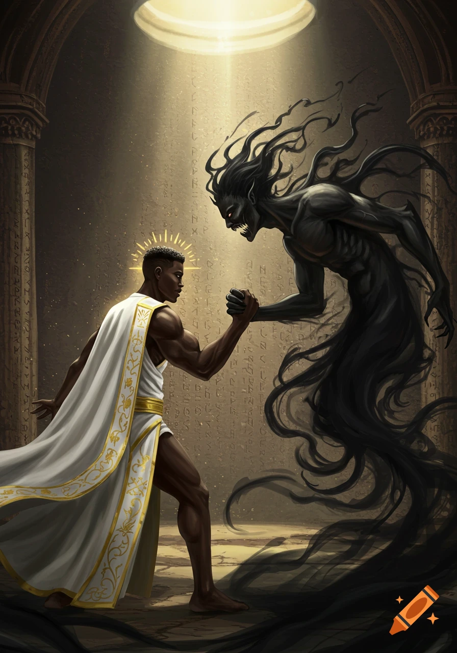 Digital illustration of a black saint arm wrestling a dark evil spirit in a light-filled stone chamber.