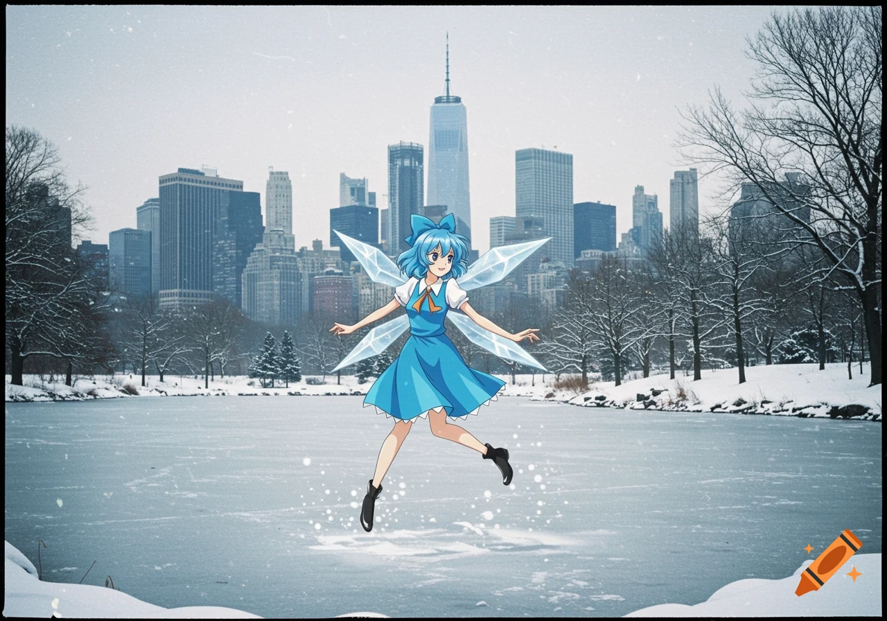 An anime fairy with blue hair and ice wings jumps over a frozen lake in a snowy park with a city skyline in the background.