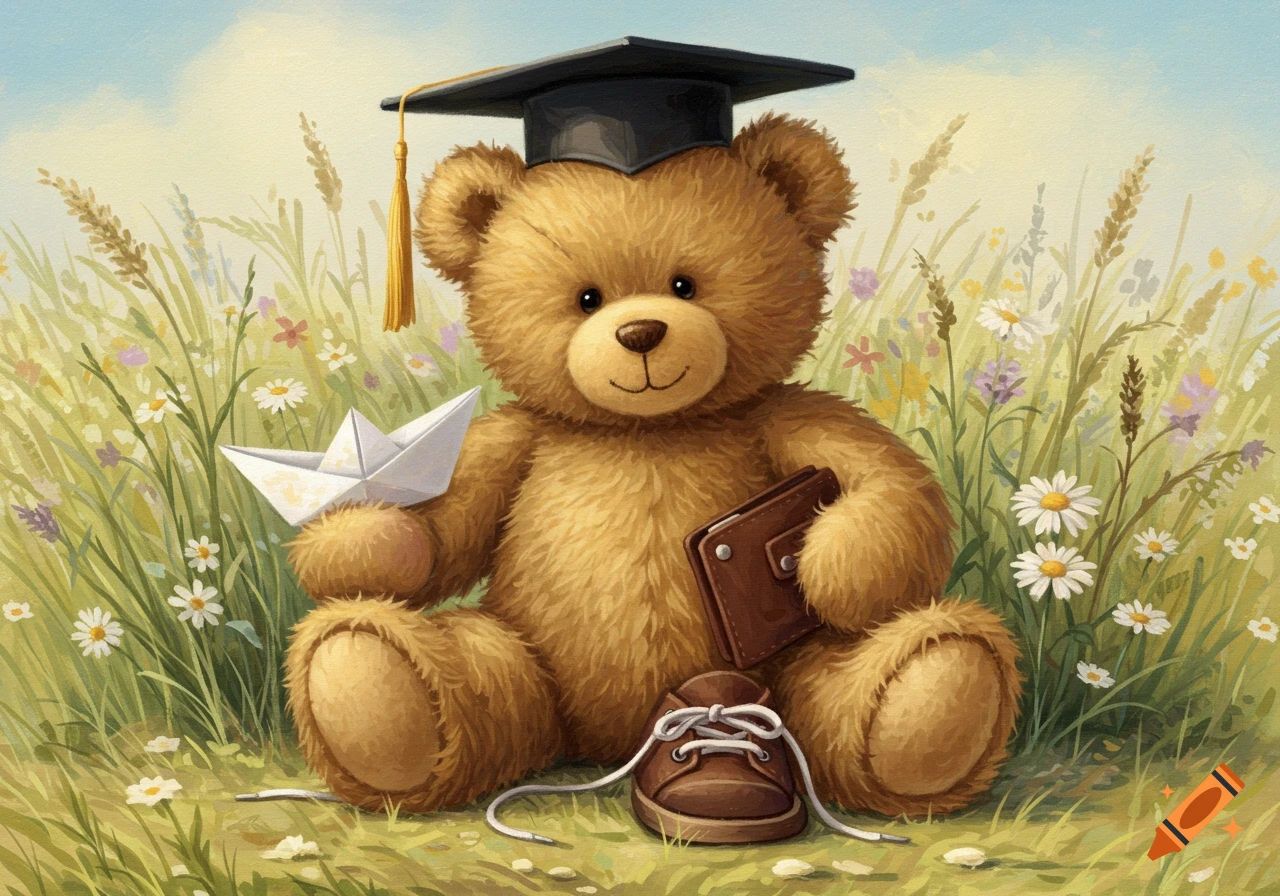 A cute teddy bear in a graduation cap sits in a wildflower field, holding a paper boat and a wallet, with an untied shoe.