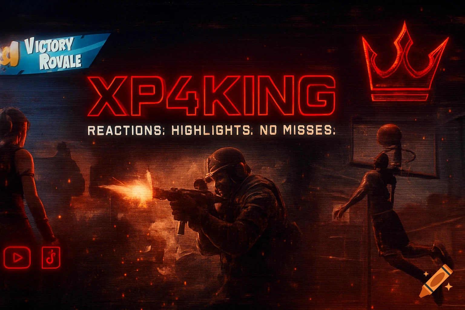 A gritty, red neon gaming banner for 'XP4KING' with a soldier, basketball player, 'Victory Royale' logo, and social icons.