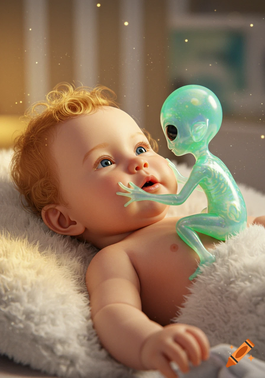 A cute baby with blue eyes lying on a fluffy white blanket, looking up at a small, translucent green alien touching its face.