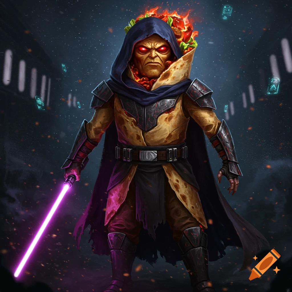 A menacing, armored humanoid figure with red eyes and a burning burrito head, wielding a purple lightsaber in a dark, stylized setting.