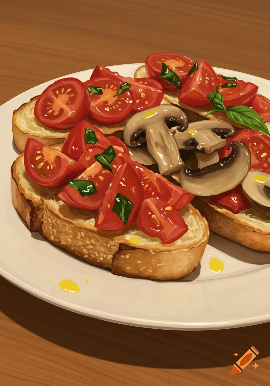 A plate of tomato and mushroom bruschetta on a wooden table, rendered in a painterly style.