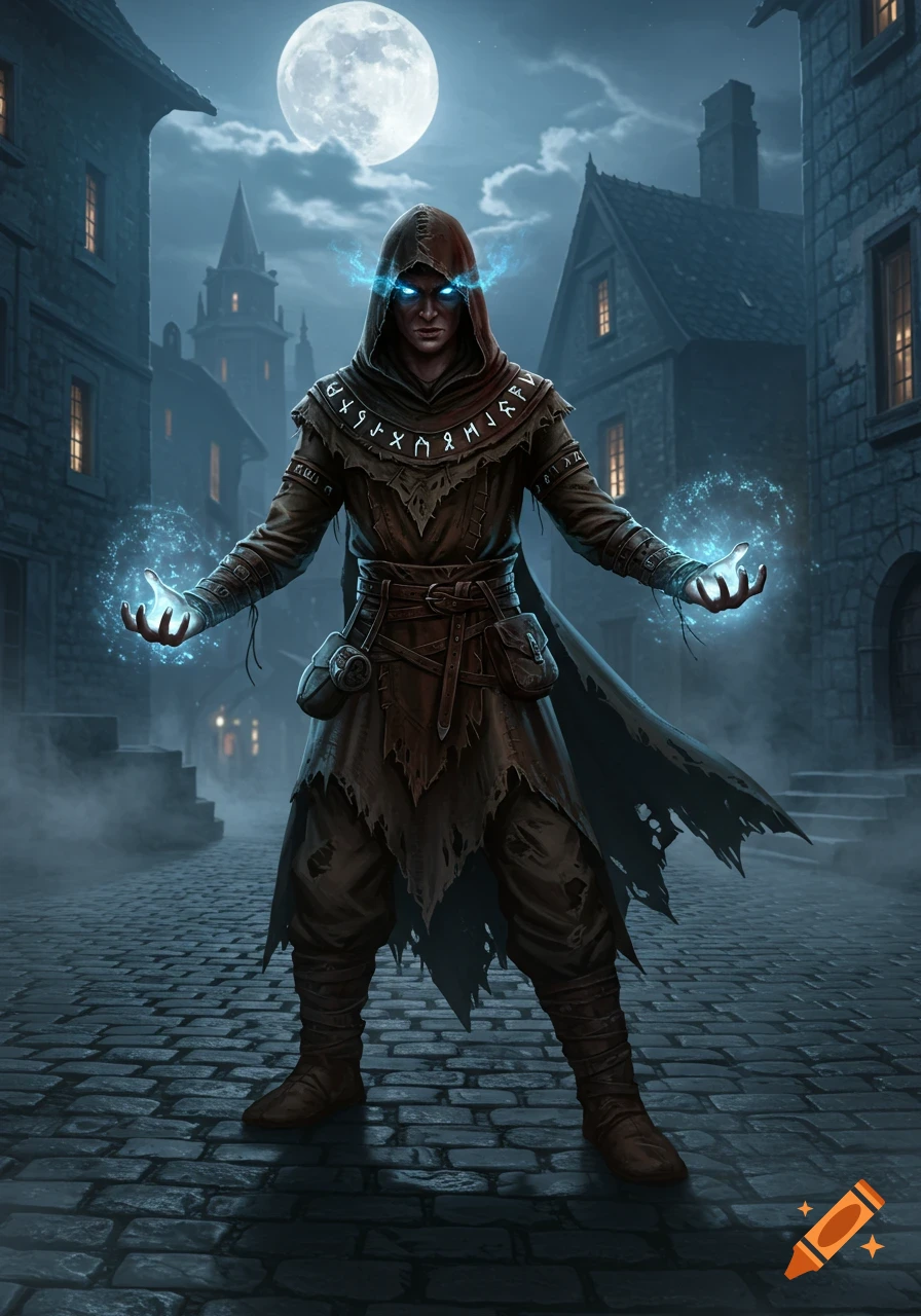 A male wizard with glowing blue eyes and hands stands in a dark, foggy medieval street under a full moon, wearing ragged robes.