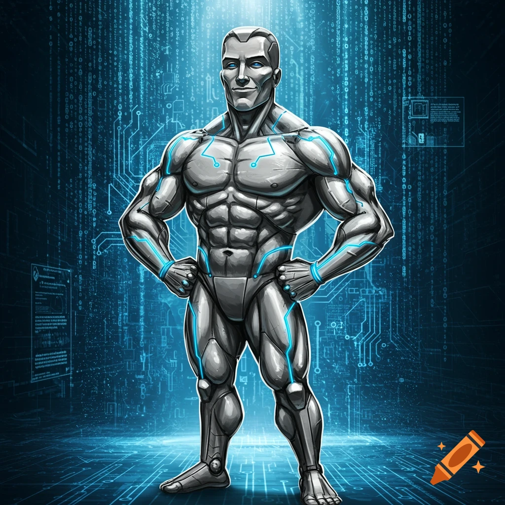 A muscular humanoid robot with glowing blue lines stands against a blue background with binary code and circuit patterns.