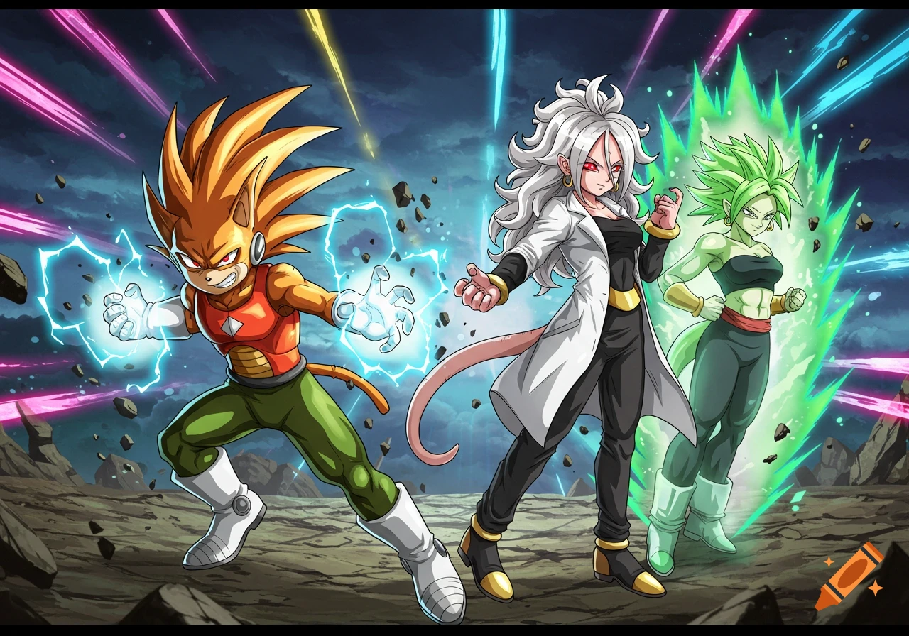 Anime characters Surge the Tenrec, Android 21, and Kefla in an action pose with energy blasts against a dark sky.