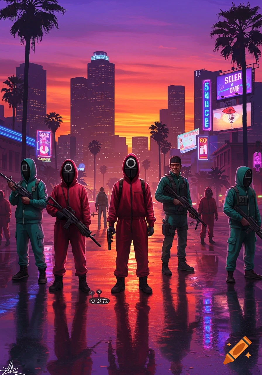 A group of masked Squid Game characters and armed men stand on a wet street in a neon-lit city at sunset, with tall buildings and palm trees.
