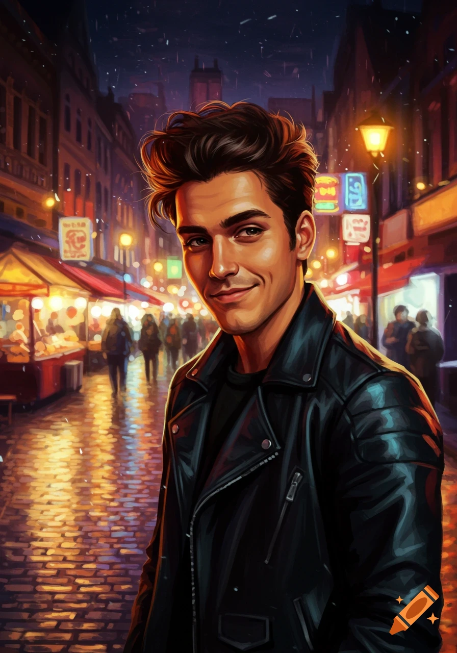 A young man in a leather jacket stands on a wet, cobblestone street at night in a bustling city. Lit market stalls and buildings line the street behind him, reflecting on the ground.