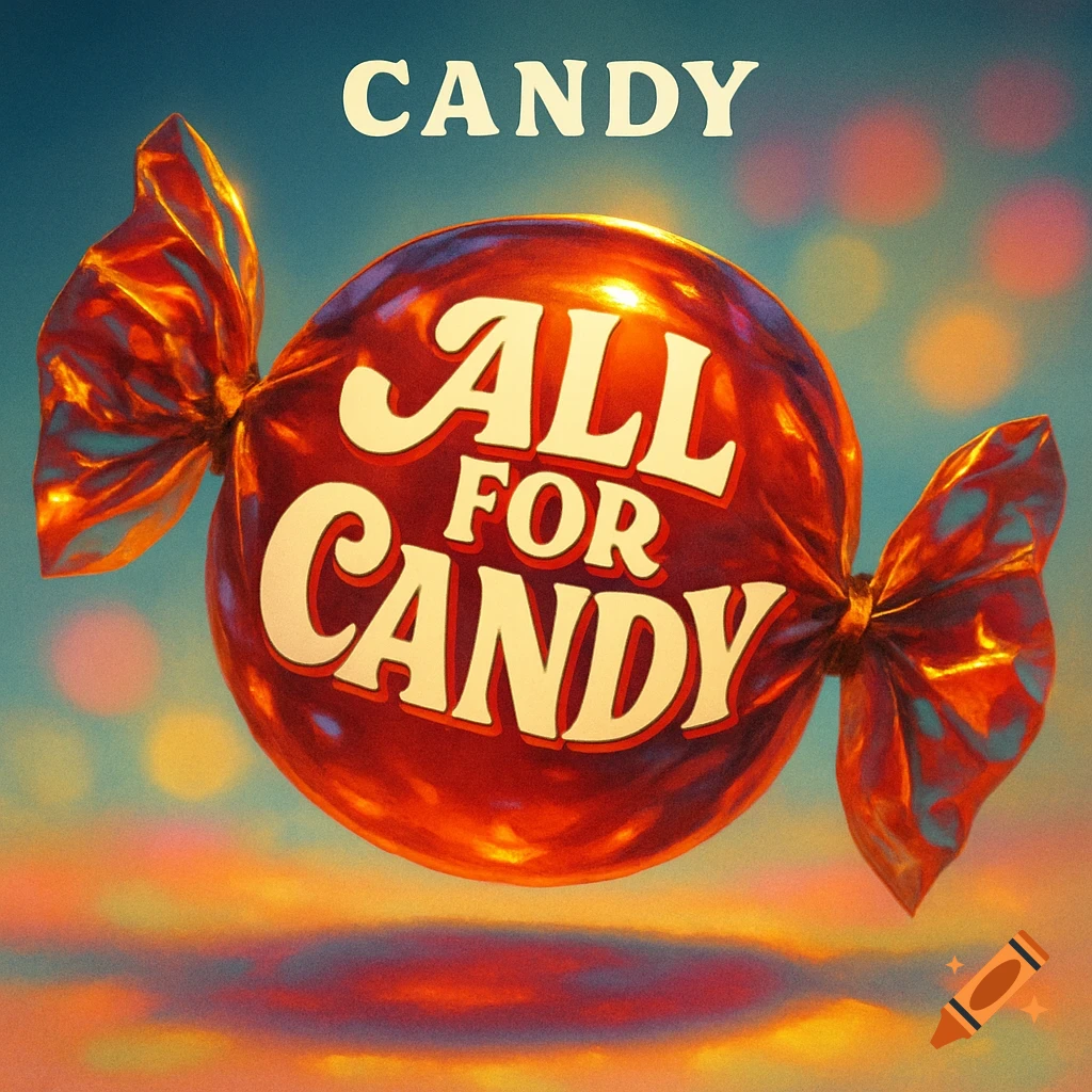 A vibrant red hard candy wrapper reads 'ALL FOR CANDY', with 'CANDY' text above, set against a blurred colorful background.