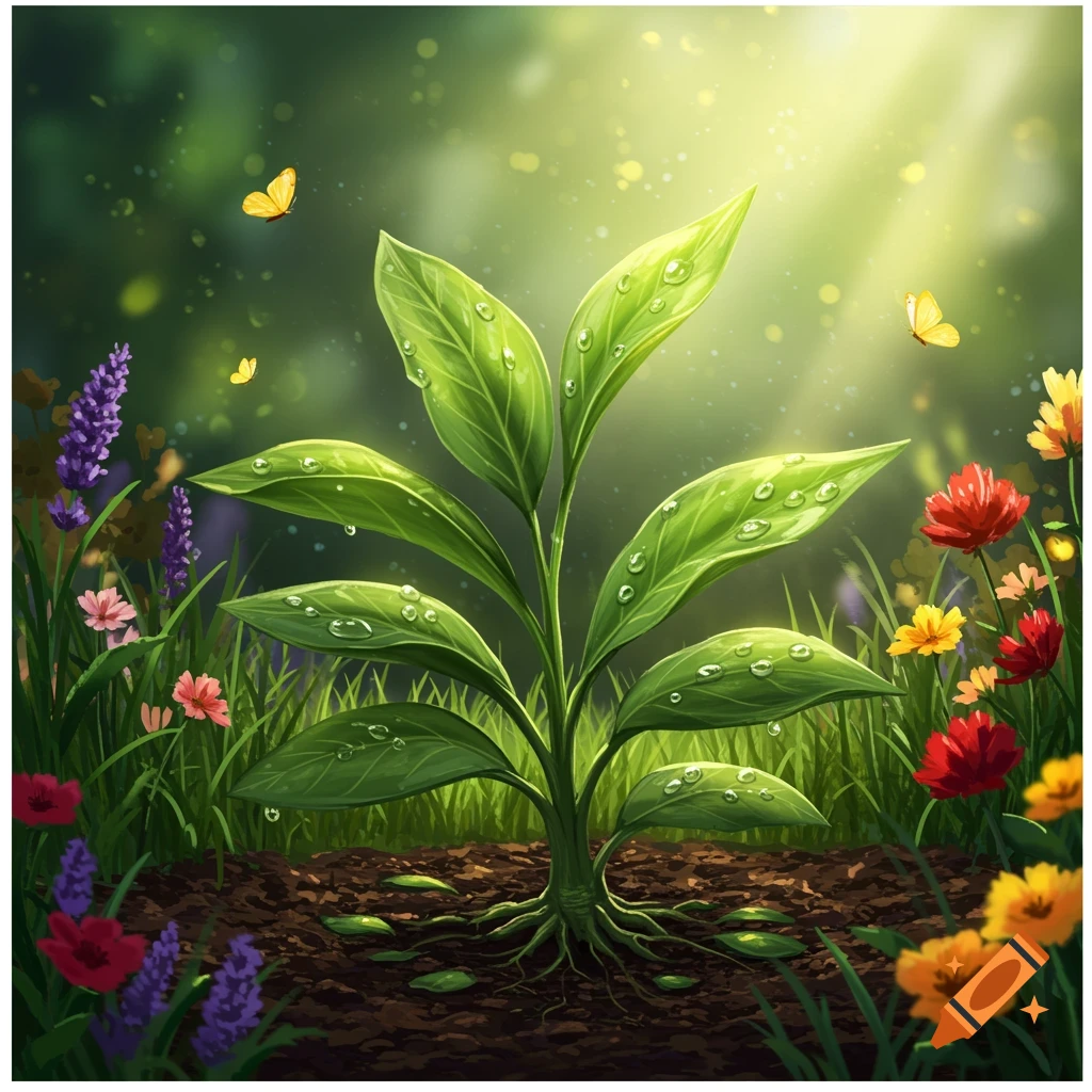 A vibrant green plant with dew drops and exposed roots grows in soil, surrounded by colorful flowers and butterflies, bathed in sunlight.