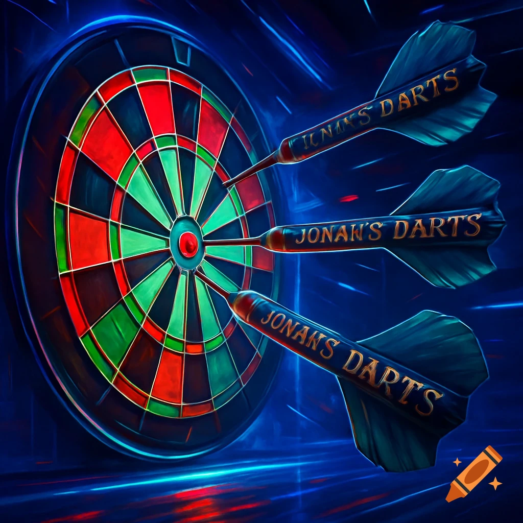 A colorful dartboard with three darts stuck in it, glowing with blue and red light effects. The darts have "JONAN'S DARTS" written on them in gold.