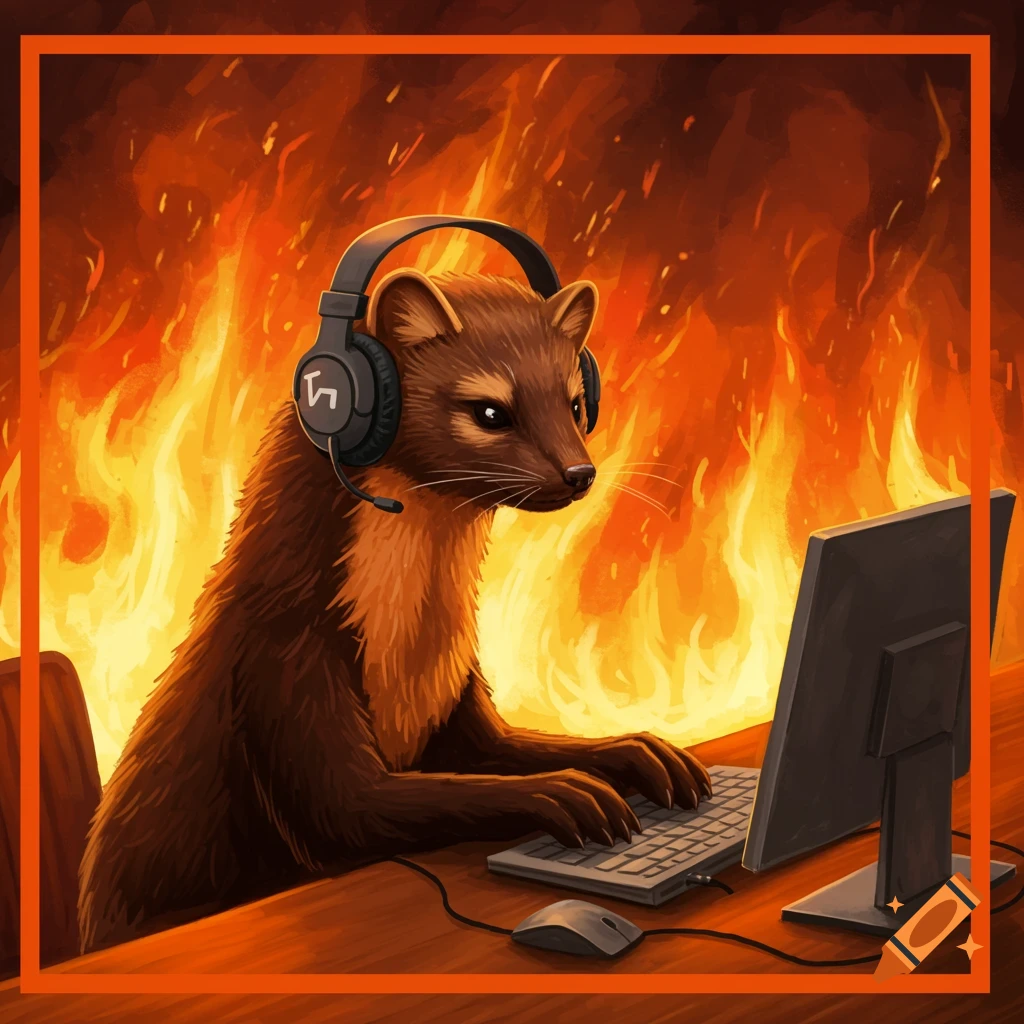 An illustrated weasel wearing headphones works on a computer at a desk, surrounded by flames, referencing the "This is fine" meme.